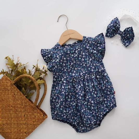 Floral Printing Blue Romper with Hairband