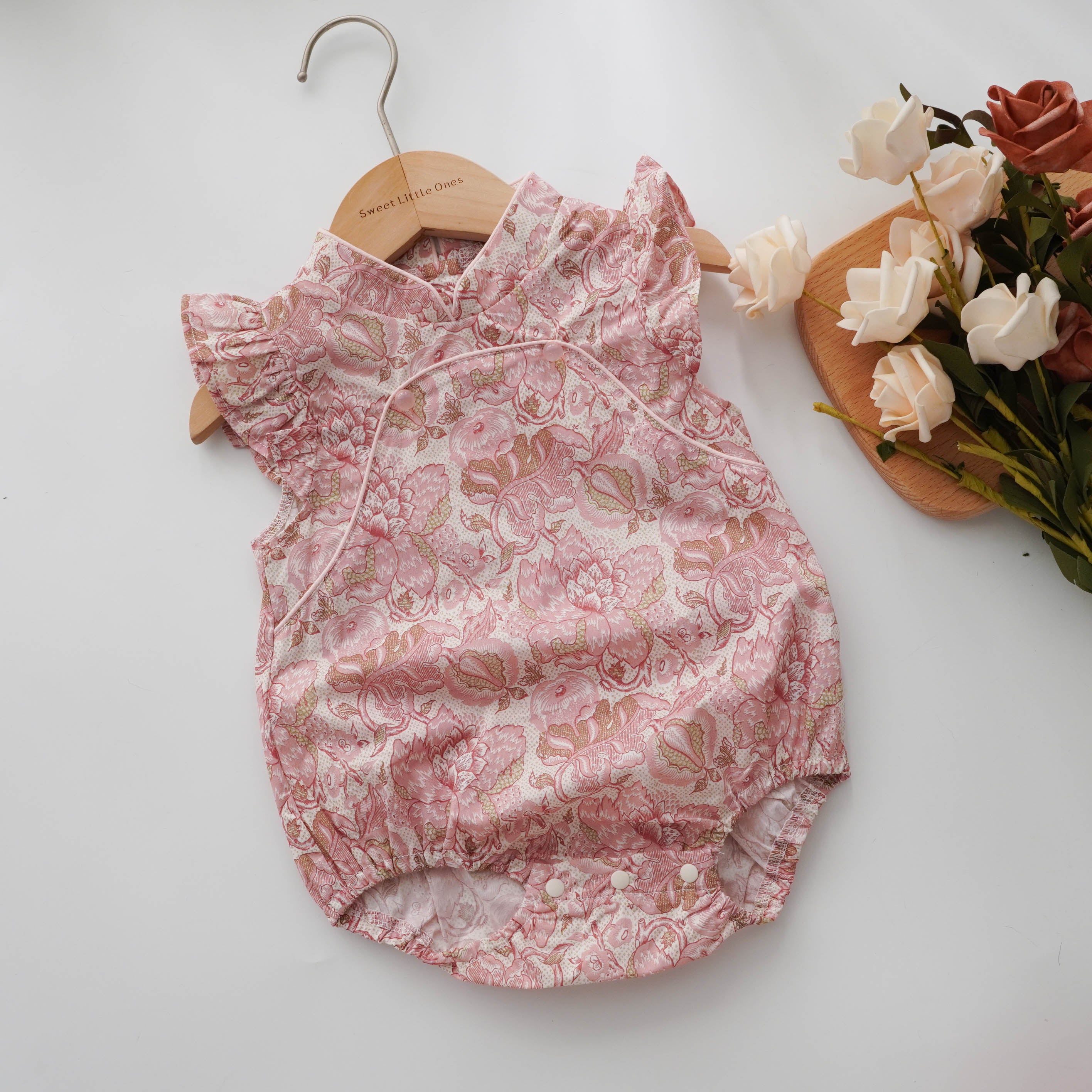 Printed Flower Ruffled Sleeves Cheongsam