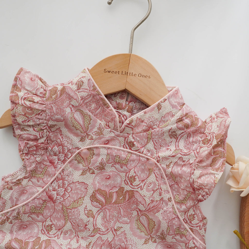 Printed Flower Ruffled Sleeves Cheongsam