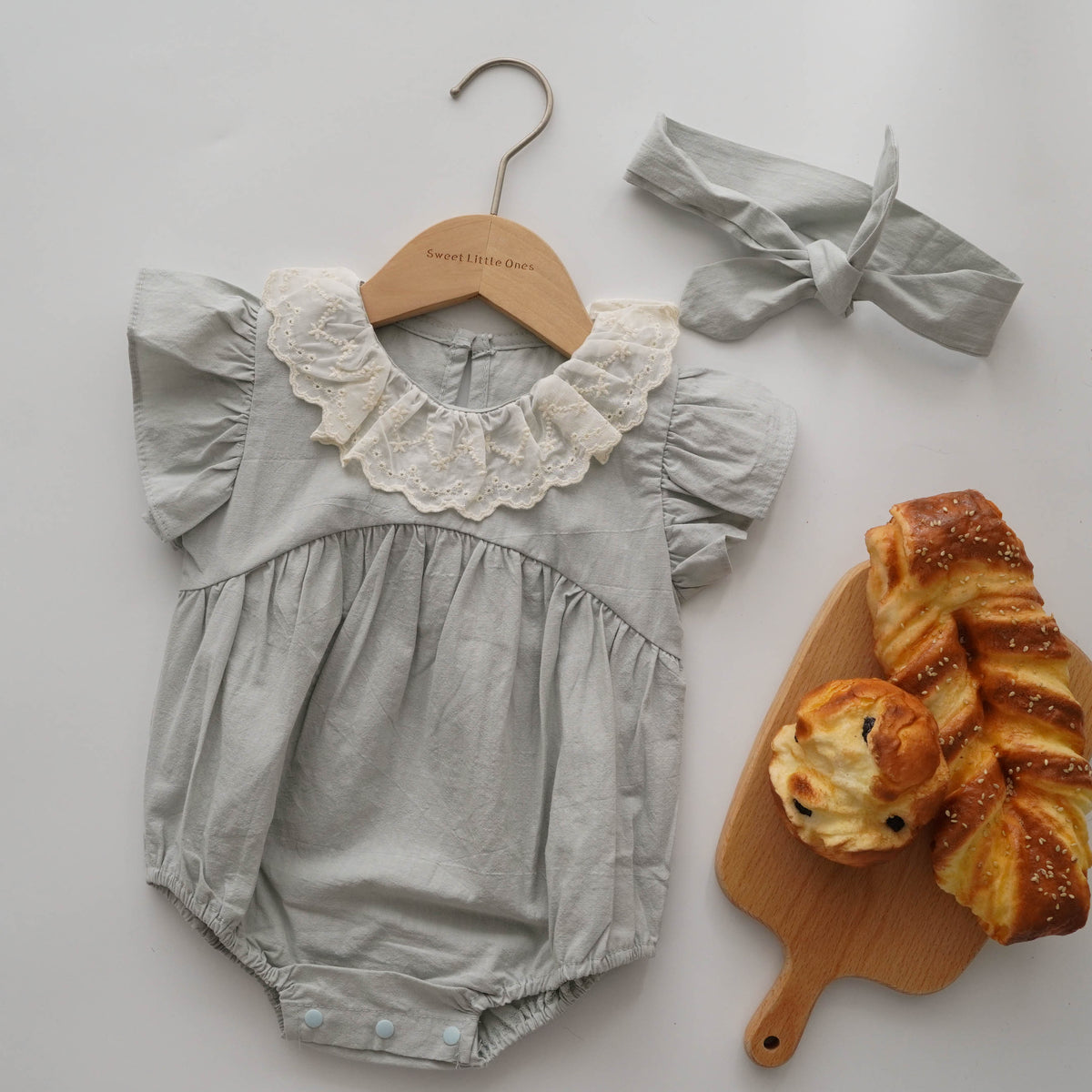 Ruffled Sleeves Mint Romper with Hairband
