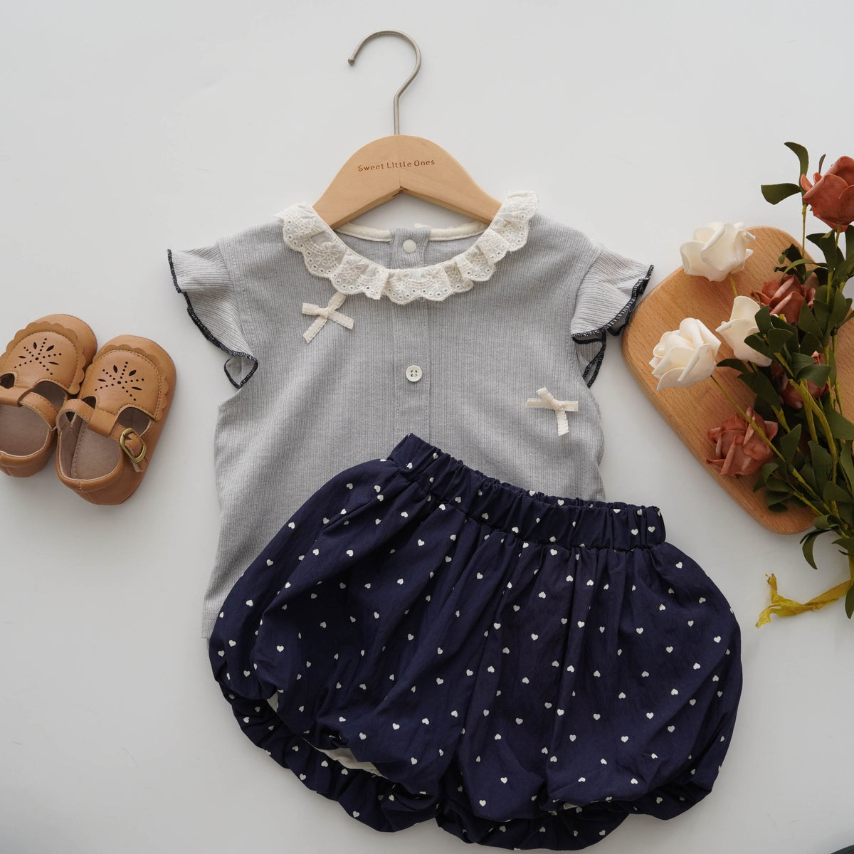 Girl Ribbon Buttoned Casual Set
