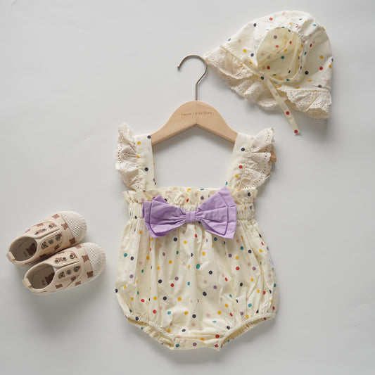 Color Dot Ribbon Romper with Hat