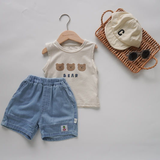 Bear Sleeveless Top with Denim Set