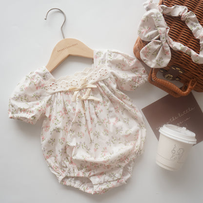 Summer Pink Floral Sister Matching Romper with Hairband