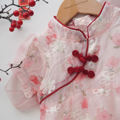 Puff Sleeves Chinese Romper in Red